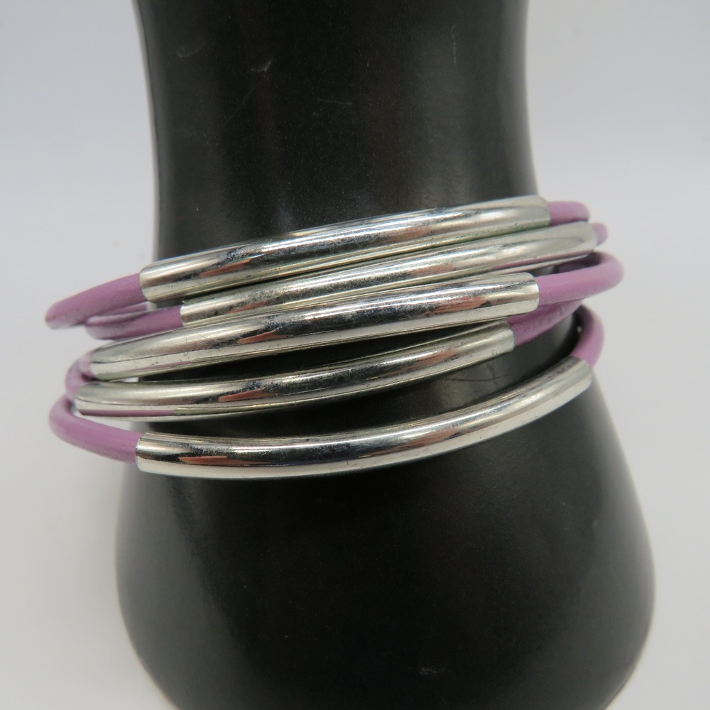 Purple Multi Strand Leather Bracelet Silver Tube Beads Magnetic Clasp 7.5 Inch
